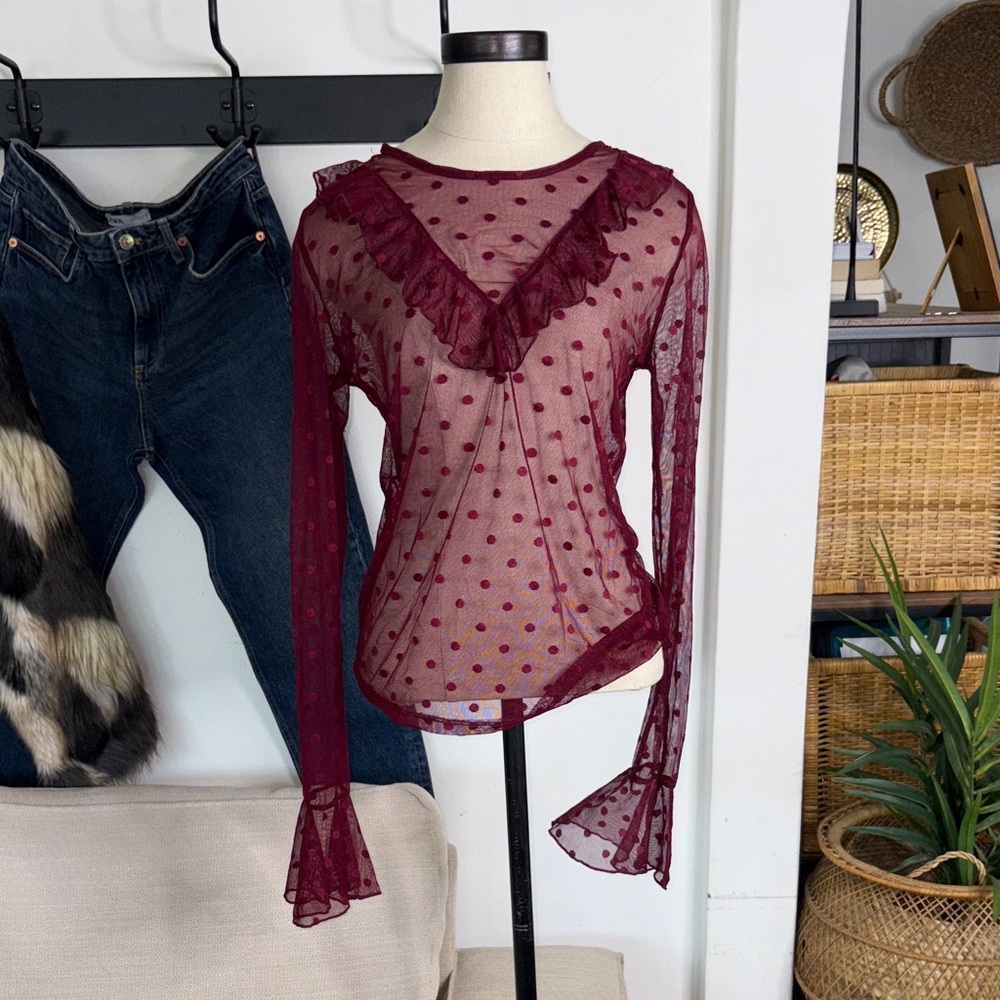 Forever 21 Sheer Burgundy Polka Dot Blouse